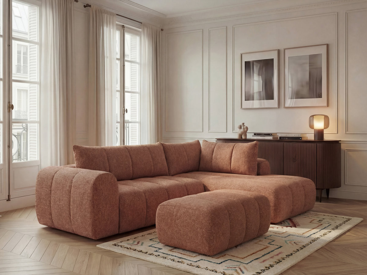 Bobochic Nesty Ecksofa in L-Form, 256 cm, mit Pouf Melange-Stoff Orange Ecke rechts