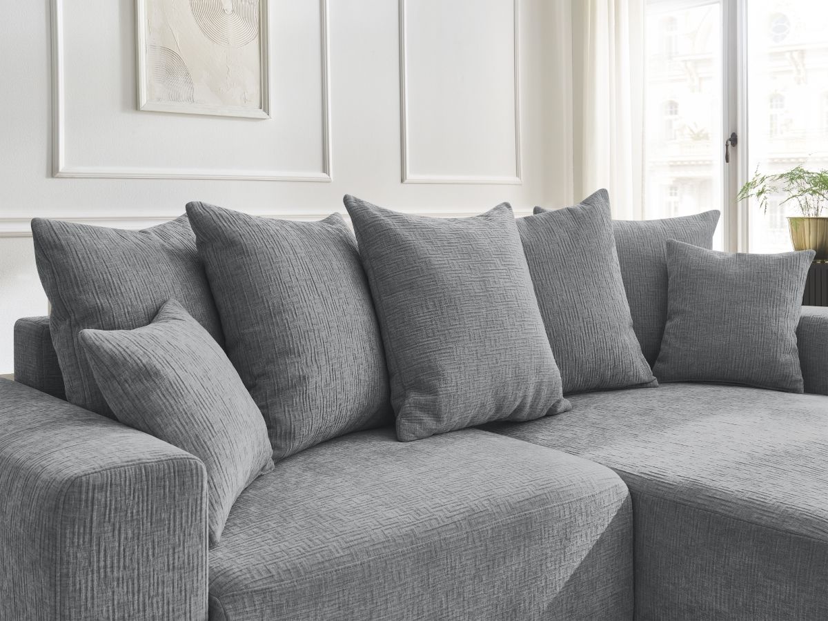Bobochic Atilla Ecksofa mit Schlaffunktion und Bettkasten Strukturstoff Dunkelgrau Ecke rechts