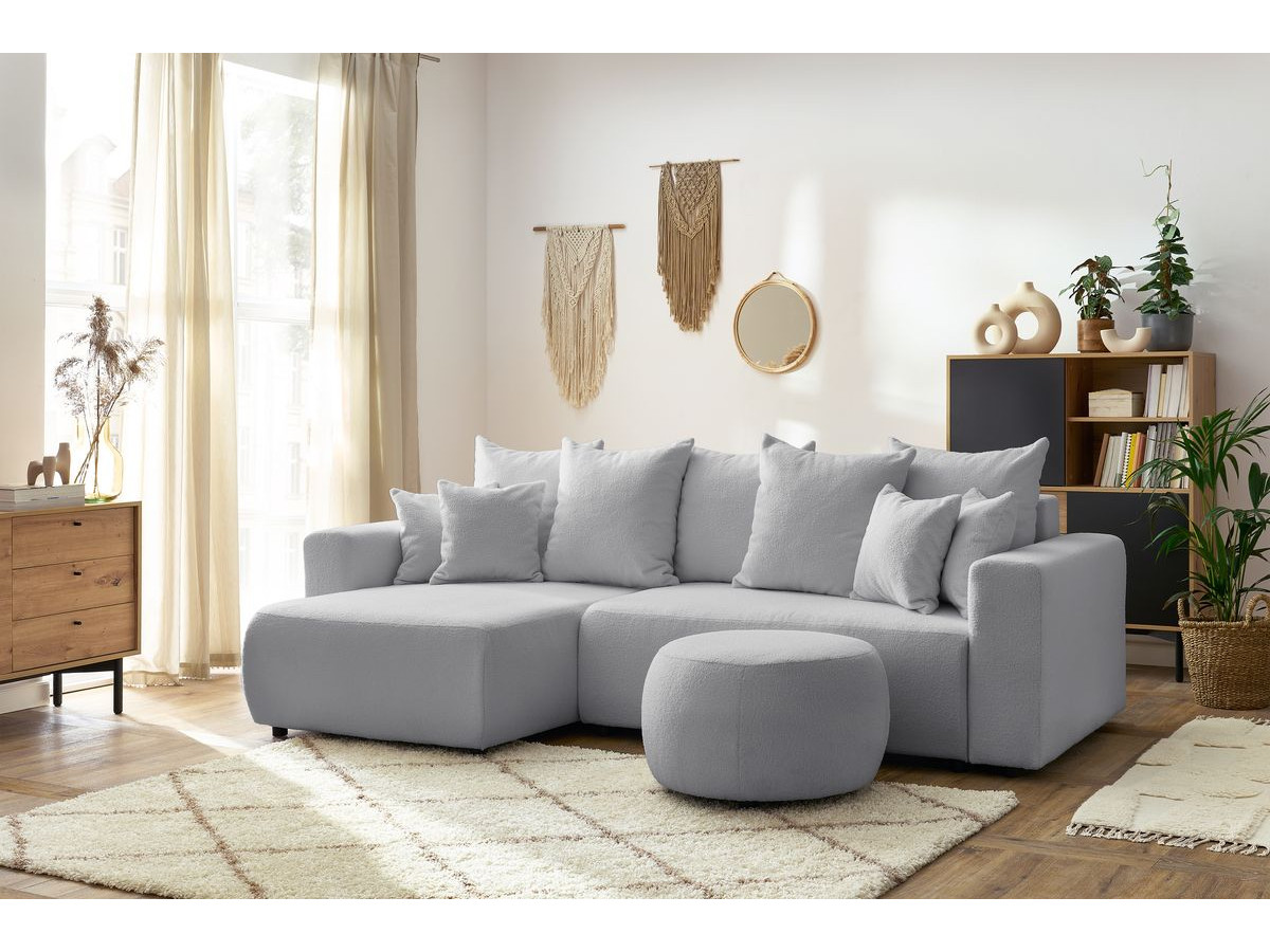 Bobochic Envy Ecksofa mit Schlaffunktion und Bettkasten und rundem Pouf Bouclé-Stoff Hellgrau