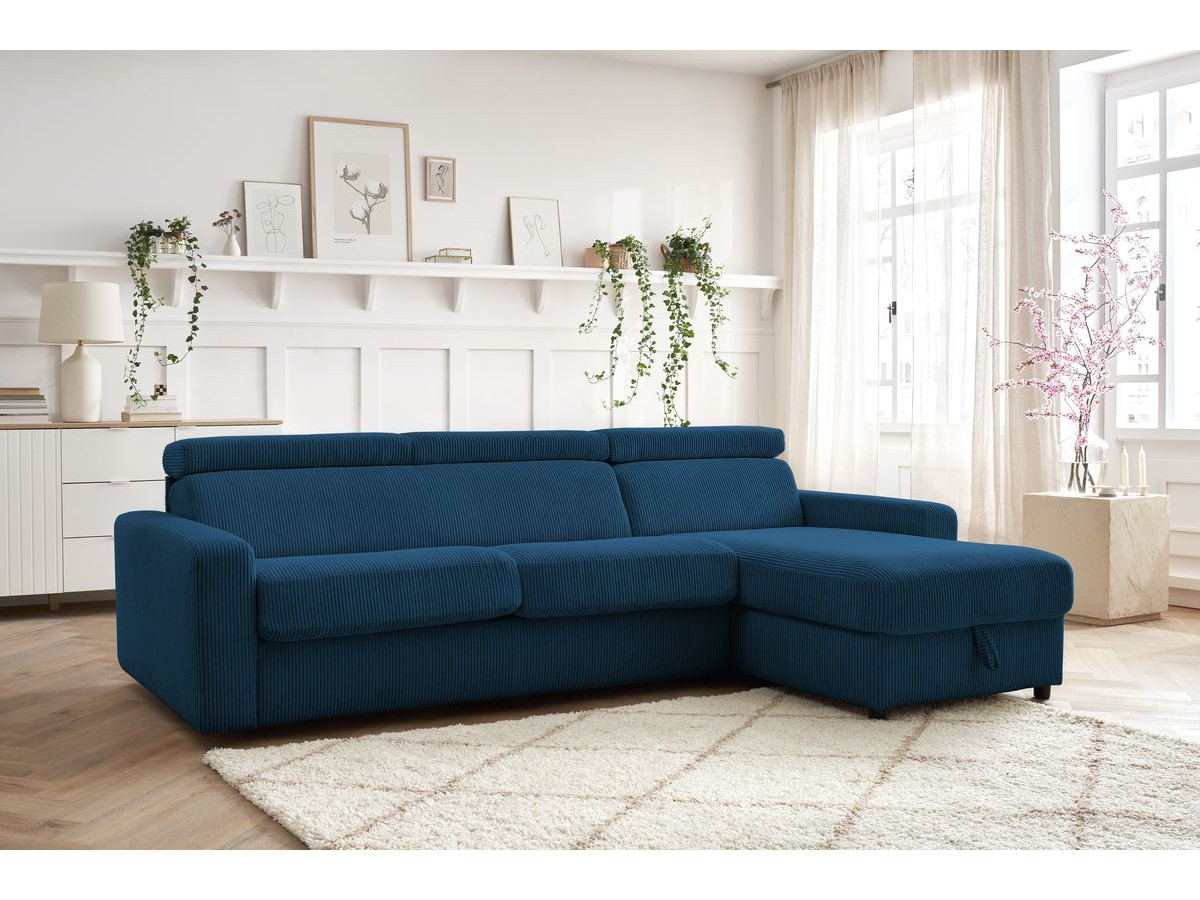 Bobochic Monaco Ecksofa mit Schlaffunktion und Bettkasten Cordsamt Dunkelblau, Liegefläche 160 × 190 cm