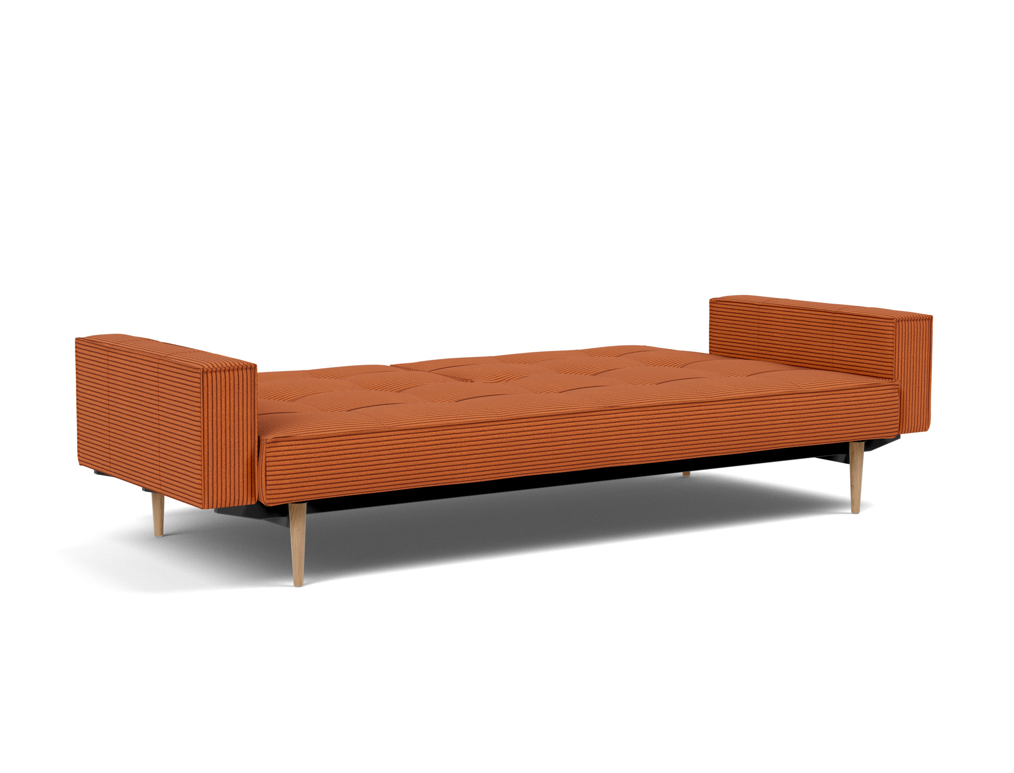 Schlafsofa Splitback mit Armlehnen Kord Corduroy 595-Burnt-Orange Beine Styletto Eiche hell