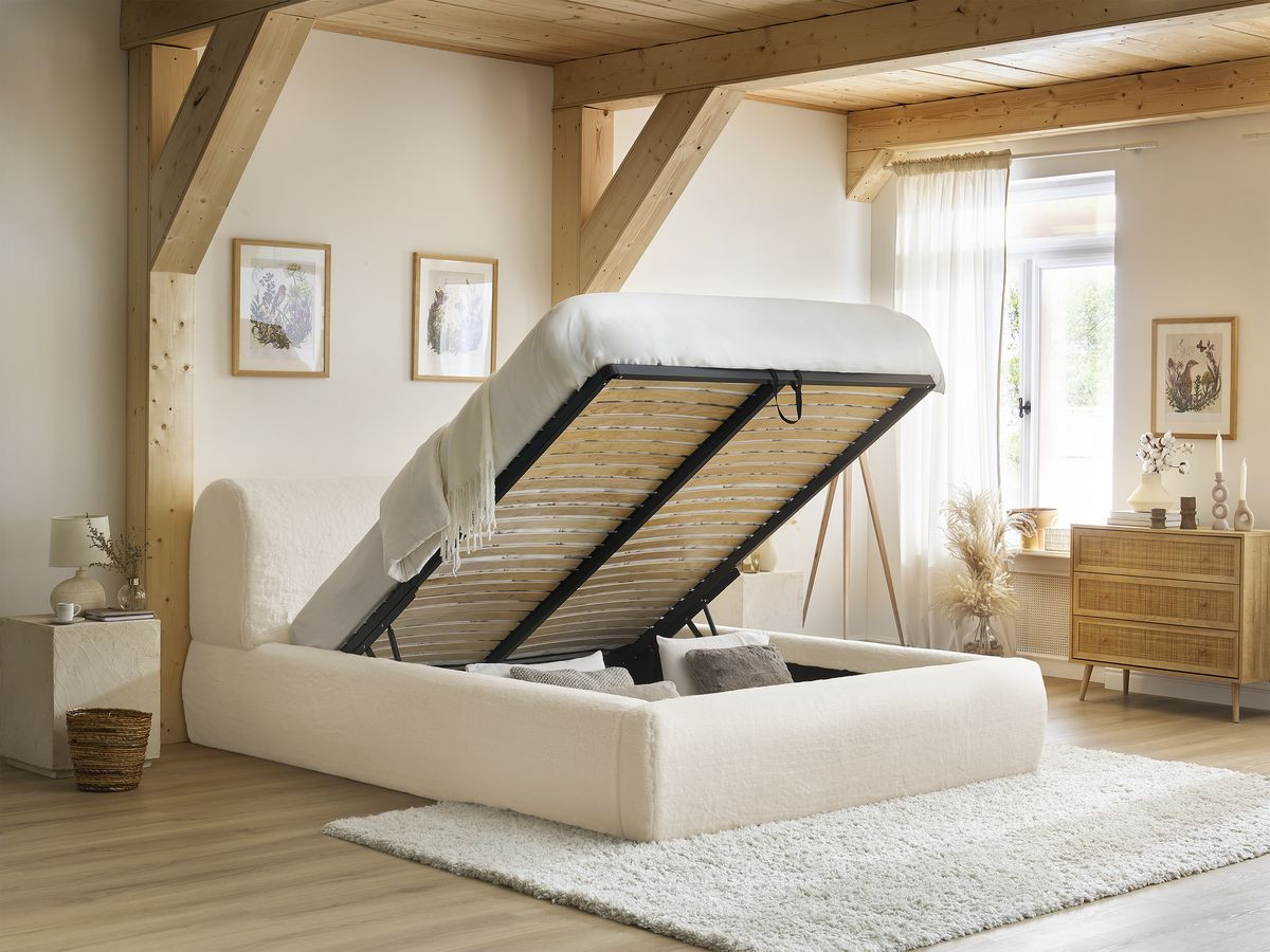 Bobochic Cervin Polsterbett mit Bettkasten Kunstfell Creme