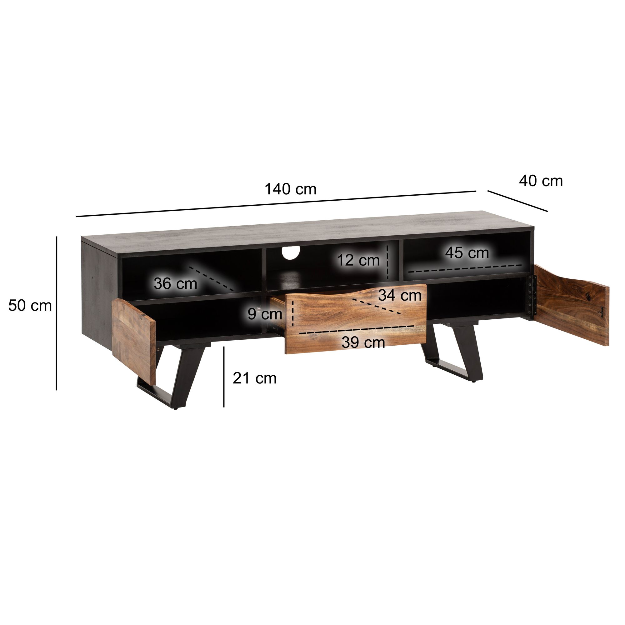 TV-Board Haslum Akazie Massivholz Schwarz 140 × 40 × 50 cm