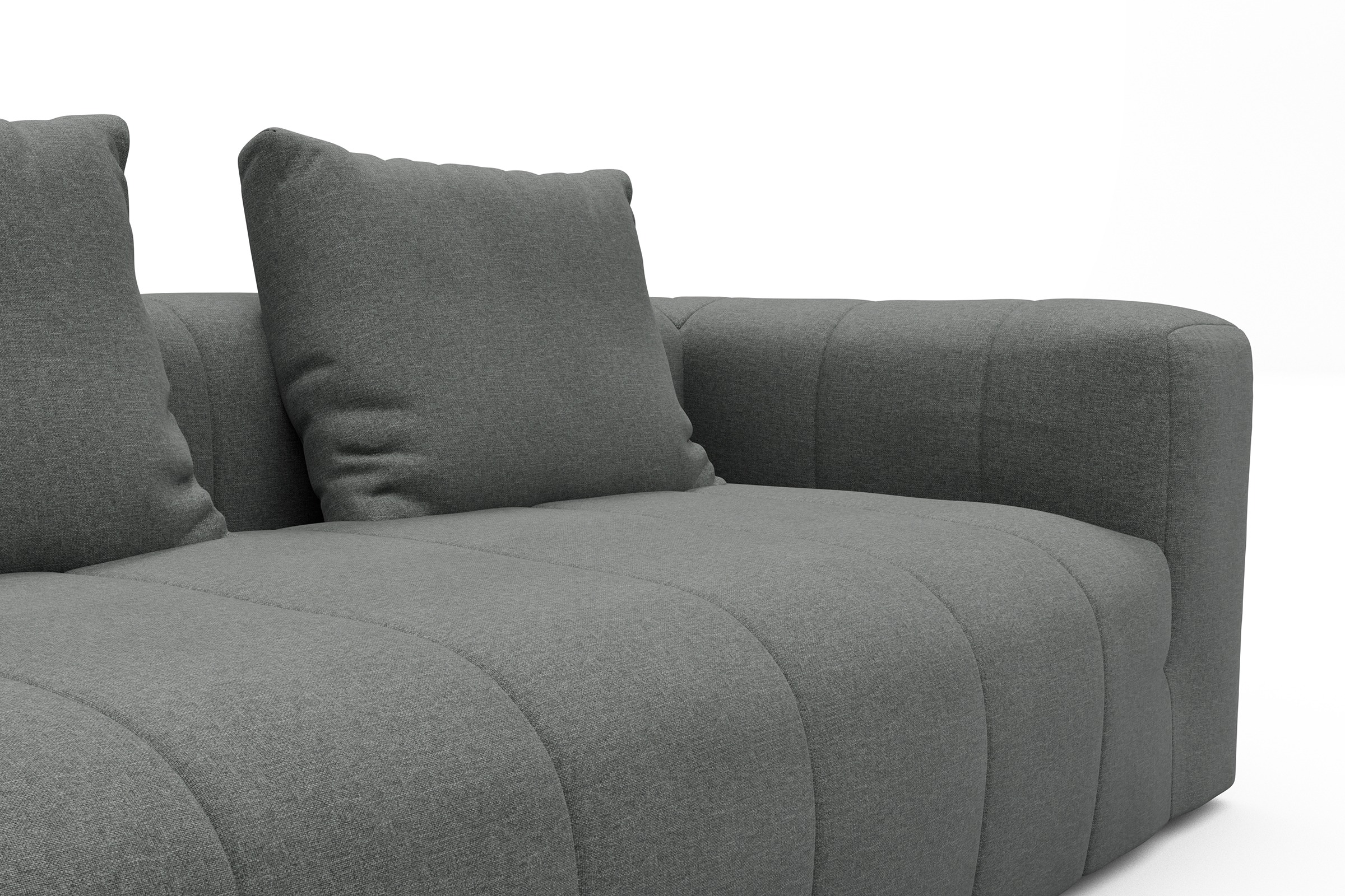 Ecksofa Hugo 2,5-Sitzer Armlehne rechts mit Chaiselongue Satya-Steel
