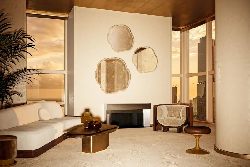 DeKnudt Mirrors ARBO GOLD M – goldfarbener Designspiegel im Wohnraum